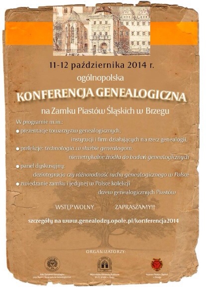 plakat konferencji genealogicznej 11-12.10.2014 Brzeg, Zamek Piastów Śląskich