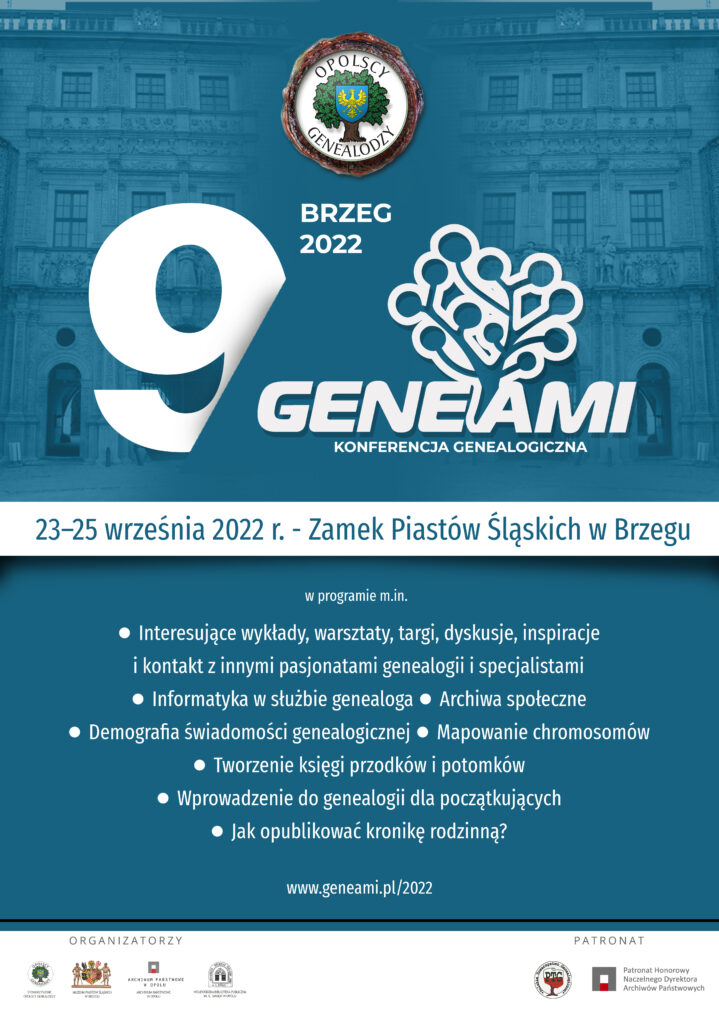 plakat konferencji genealogicznej Geneami Brzeg 9 (2022), wyk. P. Szymański