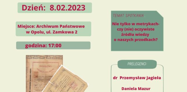 plakat spotkania genealogicznego Opole luty 2023