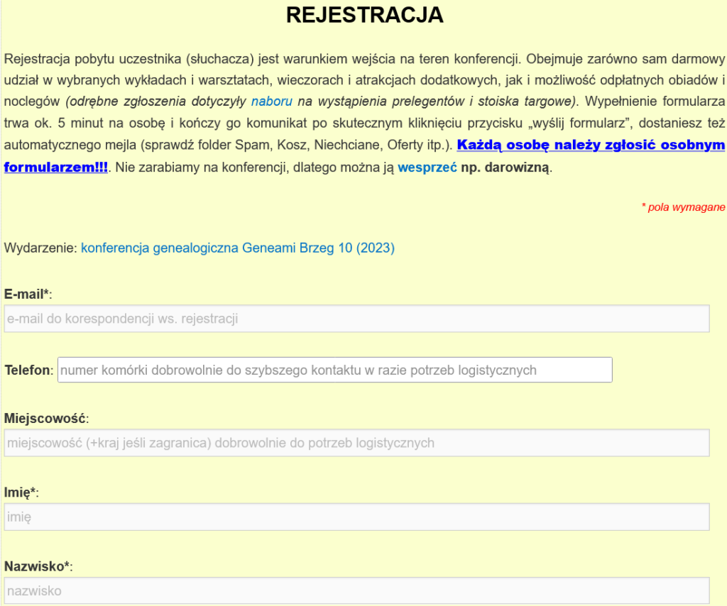 Cz. 1 formularza rejestracji uczestnika Geneami 10 (2023) — dane podstawowe